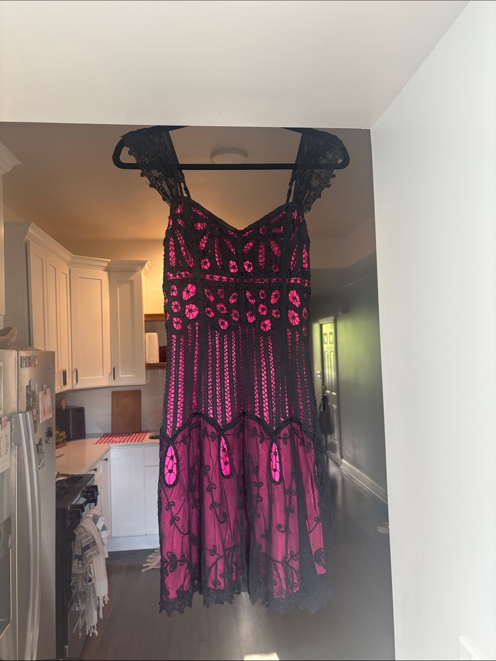 Betsey Johnson Black Lace Dress with Bright Pink Lining Size 0